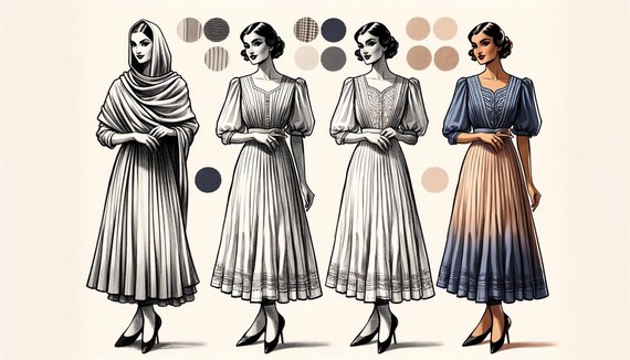 Illustration of a 1930s dress highlighting key features such as bias cut, puffed sleeves, and cinched waist Illustration of a 1930s dress highlighting key features such as bias cut, puffed sleeves, and cinched waist
