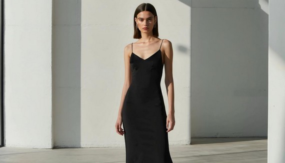 A model wearing a sleek Reformation slip dress in a minimalist 90s-inspired setting A model wearing a sleek Reformation slip dress in a minimalist 90s-inspired setting